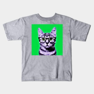 Pop Art Geek Cat in Green Background - Print / Home Decor / Wall Art / Poster / Gift / Birthday / Cat Lover Gift / Animal print Canvas Print Kids T-Shirt